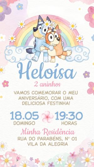 Convite de Aniversário Bluey Menina Aquarela Editável