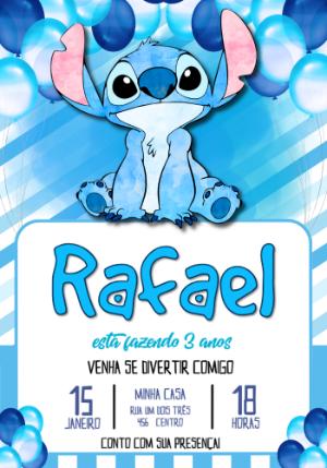 Convite de Aniversário Stitch Azul Aquarela para Editar