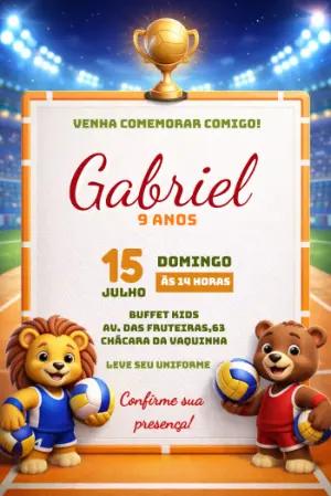 Convite de Aniversário Vôlei com Animais Fofos para Editar