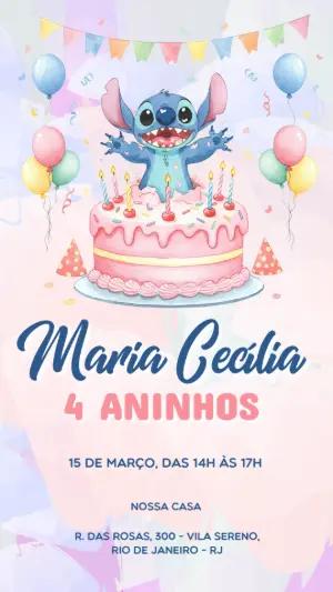 Convite de Aniversário Stitch Aquarela para Editar Online
