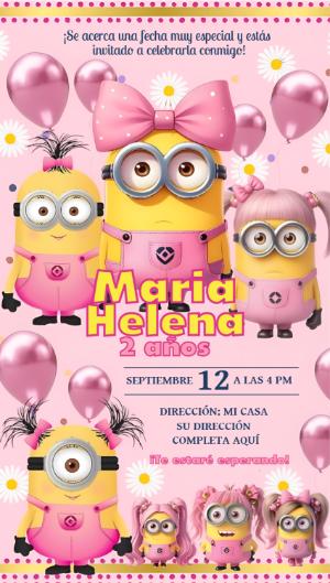 Invitación de Cumpleaños Minions Rosa para Niña - Modelo Editable