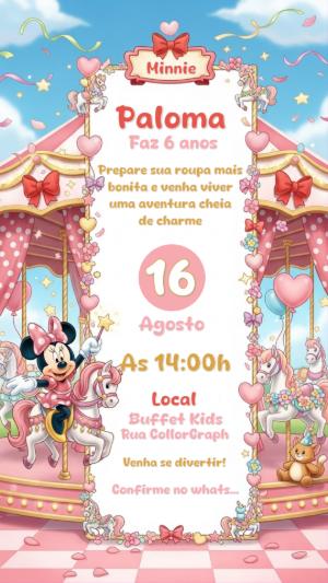 Convite Aniversário Minnie Carrossel para Editar Online
