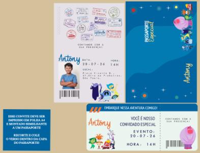 Convite de Aniversário Divertida Mente formato Passaporte Editável