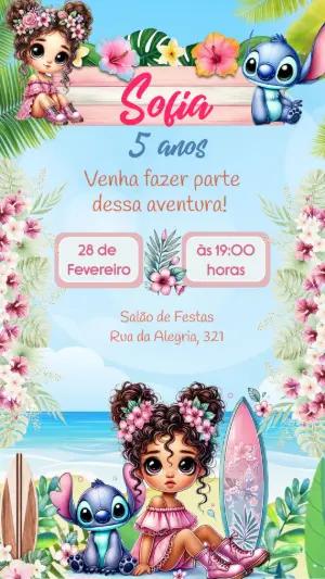 Convite Aniversário Stitch e Menina Tropical para Editar Online
