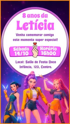 Convite de Aniversário Guerreiras do Kpop para Editar