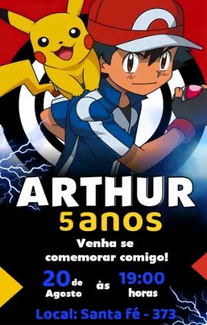 Convite de Aniversário Pokémon com Ash e Pikachu para Editar