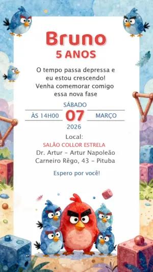 Convite de Aniversário Angry Birds Estilo Aquarela Editável
