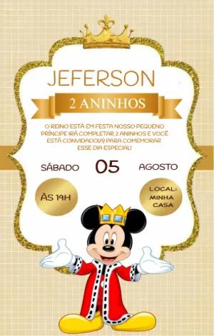 Convite Mickey Príncipe Dourado Editável para Aniversário