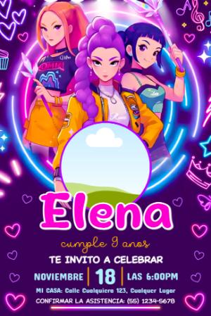 Invitación de Cumpleaños Las Guerreras K-Pop para Editar