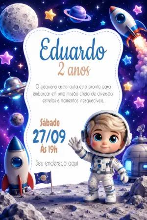 Convite de Aniversário Astronauta Infantil para Editar