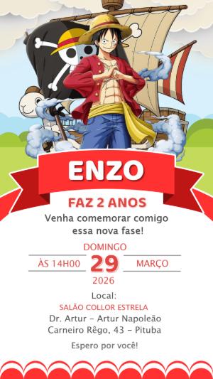 Convite de Aniversário One Piece com Luffy para Editar Online