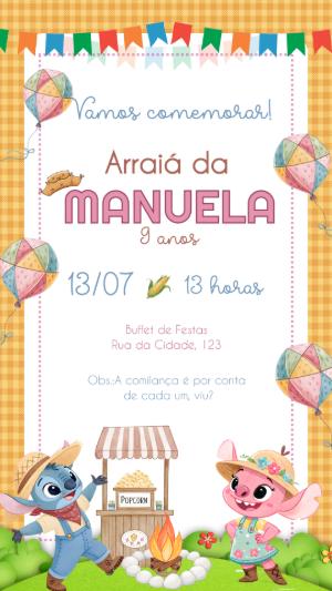 Convite Festa Junina Stitch e Angel para Editar Online