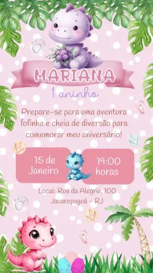 Convite Aniversário Dino Baby Menina para Editar Online