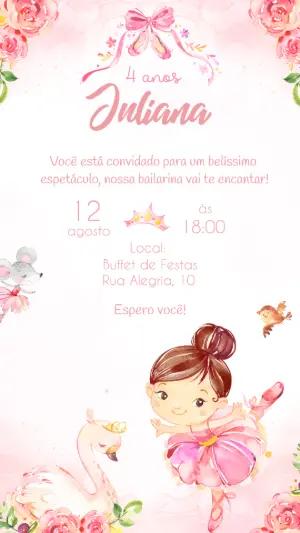 Convite Aniversário Bailarina Delicada para Editar Online