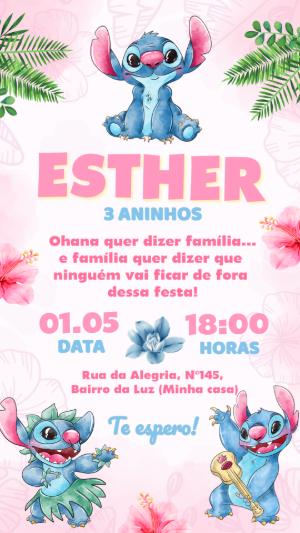 Convite de Aniversário Stitch Tropical Rosa para Editar Online