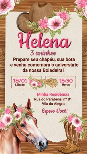 Convite de Aniversário Boiadeira Rosa Editável Online