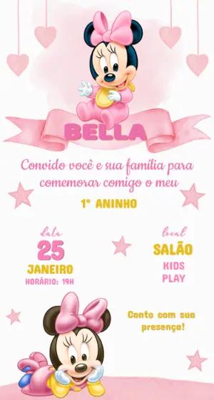 Convite Aniversário Minnie Baby Rosa Aquarela Editável
