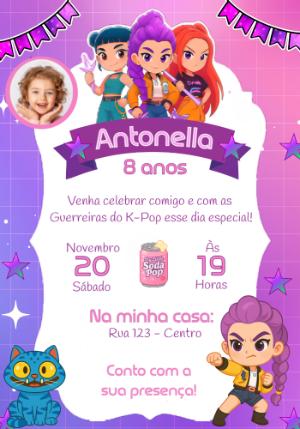 Convite Aniversário Guerreiras do K-Pop com Foto para Editar