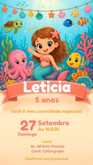 Convite de Aniversário Sereia Fofa | Modelo Editável Online