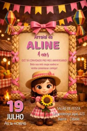 Convite Digital Arraial Infantil Menina Caipira para Editar