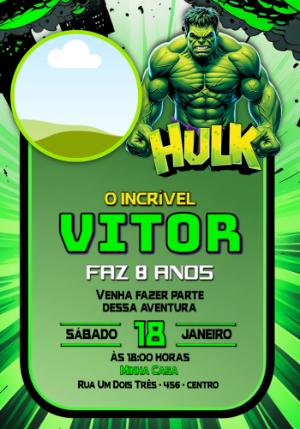 Convite de Aniversário Hulk com Foto para Editar