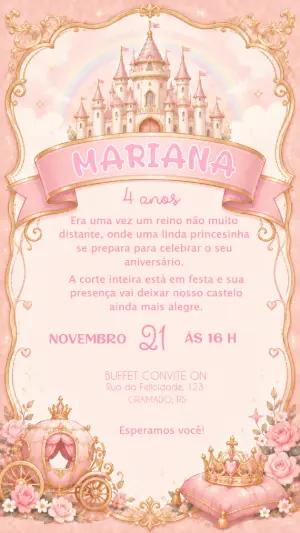 Convite de Aniversário Princesa Rosa e Dourado Editável