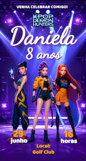 Convite de Aniversário Guerreiras K-pop Roxo para Editar