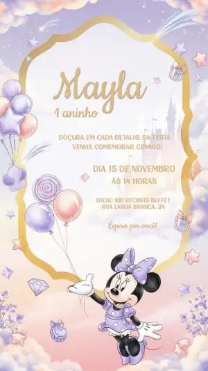 Convite Aniversário Minnie Lilás e Dourado para Editar Online