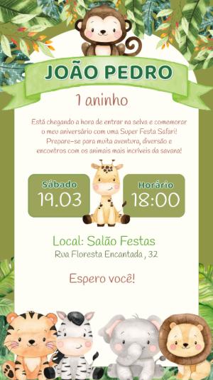 Convite Aniversário Safari com Animais Fofos para Editar Online