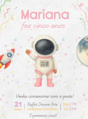 Convite de Aniversário Astronauta Rosa Infantil para Editar
