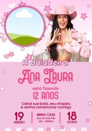 Convite de Aniversário Boiadeira Rosa para Editar Online