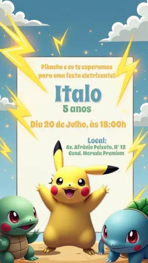 Convite de Aniversário Pokémon com Pikachu para Editar Online