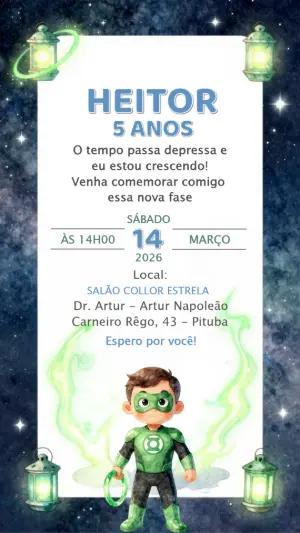Convite Digital Aniversário Super-Herói Lanterna Verde Editável