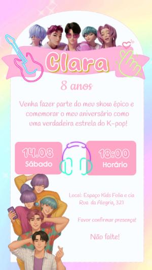 Convite de Aniversário Guerreiras do K-pop Colorido para Editar