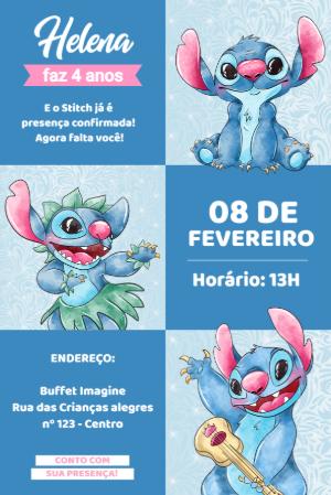Convite de Aniversário Stitch Aquarela Azul para Editar