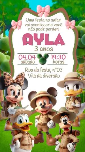 Convite Mickey Safari Rosa para Aniversário Editável