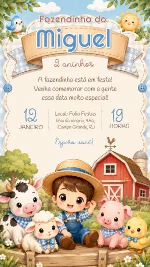 Convite Aniversário Fazendinha Menino Modelo Editável