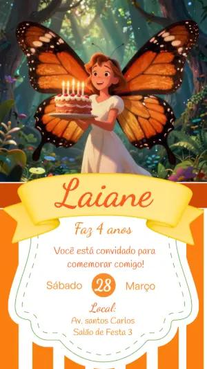 Convite de Aniversário Fada Borboleta Laranja Modelo Editável
