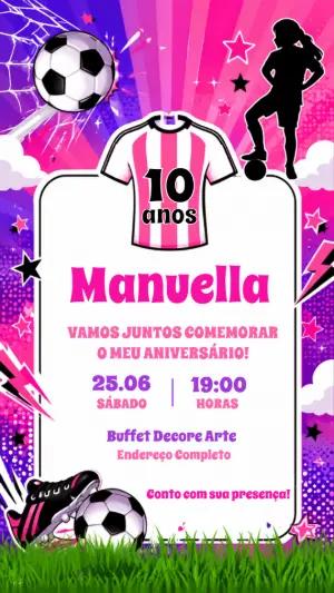Convite Animado Aniversário Futebol Feminino Rosa para Editar