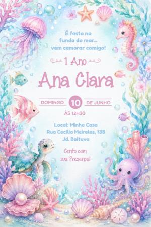 Convite Fundo do Mar Aquarela para Aniversário | Modelo Editável