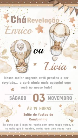Convite Digital Chá Revelação Ursinhos no Balão Editável