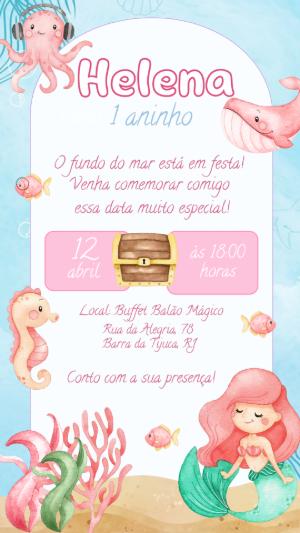 Convite Aniversário Fundo do Mar Sereia para Editar Online