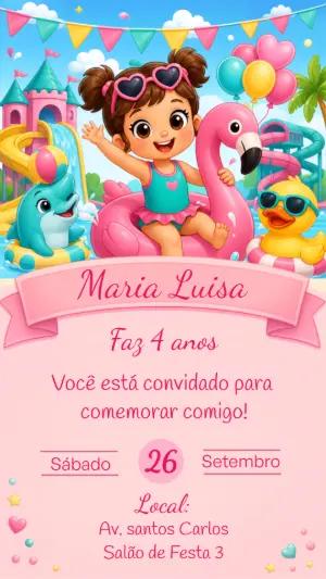 Convite Editável Aniversário Festa na Piscina com Flamingo