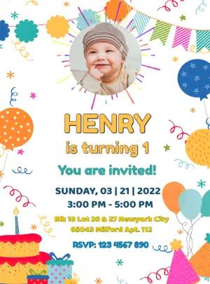 Colorful First Birthday Photo Invitation - Editable Template