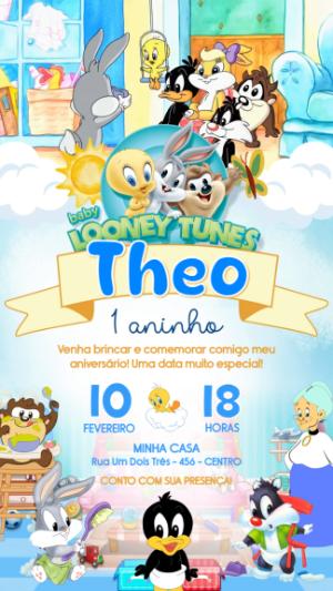 Convite Animado Baby Looney Tunes para Aniversário Infantil Editável