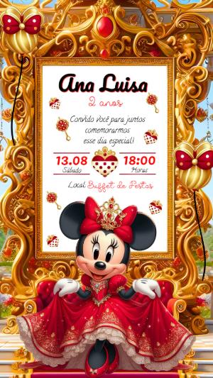Convite de Aniversário Minnie Realeza Vermelho e Dourado Editável
