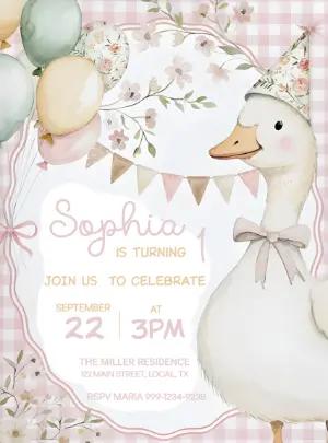 Cute Goose 1st Birthday Invitation Editable Template