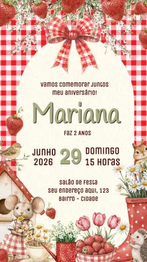Convite Editável Aniversário Infantil Piquenique Morango