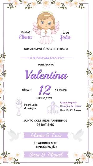 Convite de Batizado Menina Anjinha Floral Lilás para Editar