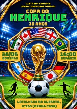 Convite Aniversário Futebol Estilo Copa do Mundo para Editar